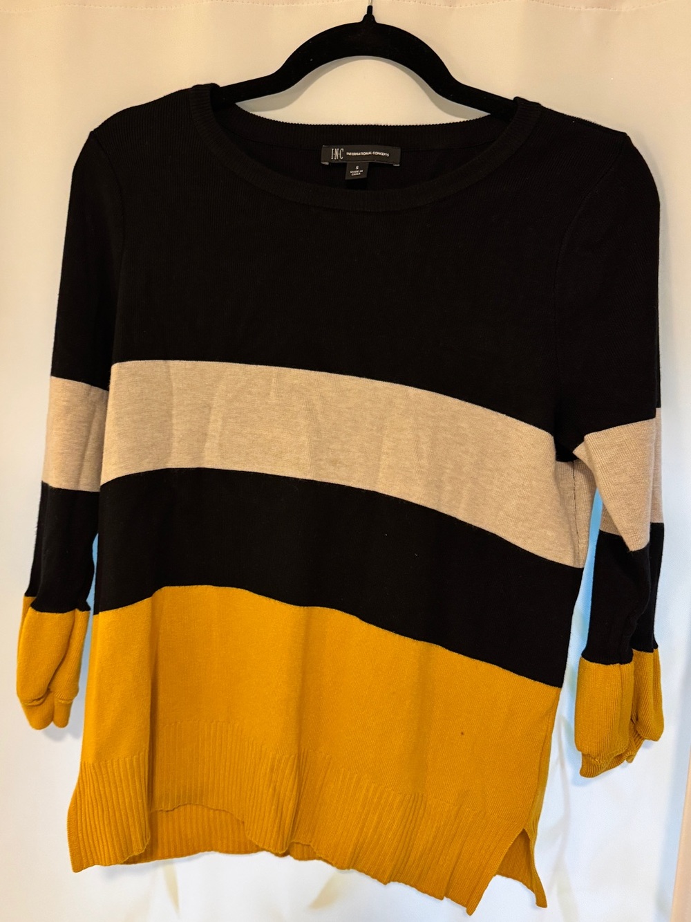 INC International Concepts Black, Cream & Mustard Colorblock Crewneck Sweater